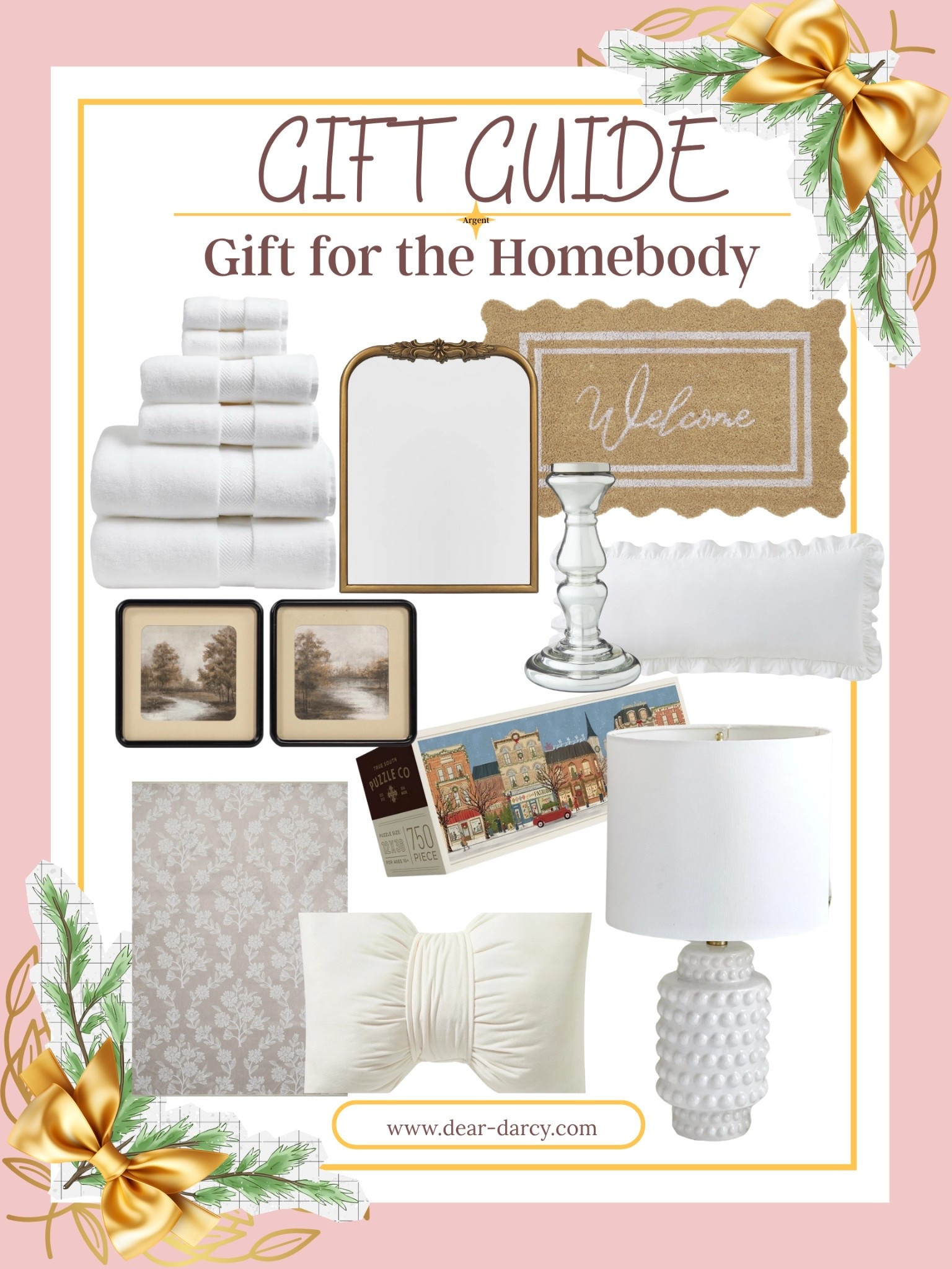 Gifts for the Homebody

Organic Hydrocotton 6-Piece Towel Set $144 

Value Nordstrom $129.00Current Price| 
Ornate Gold Mirror that looks so Lux $60| 
Scallop Welcome mat $10.98-29.98| 
Set of 2 Vintage inspired Stream & Trees Art | 
Flower Damask Rug| Hob knob-Nail ceramic & brass 

Lamp $58.98| 

Silver pillar Candle Stick| Bright 

White Velvet Ruffled 

Pillow $14.98|

Ivory Velvet Bow $19.98| 

Merry Main Street Puzzle|

#LTKCyberWeek #LTKHome #LTKGiftGuide