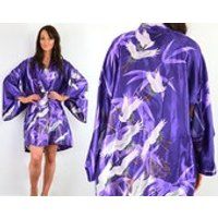 Vintage kimono jacket purple satin white crane bird print boho festival top | Etsy (US)