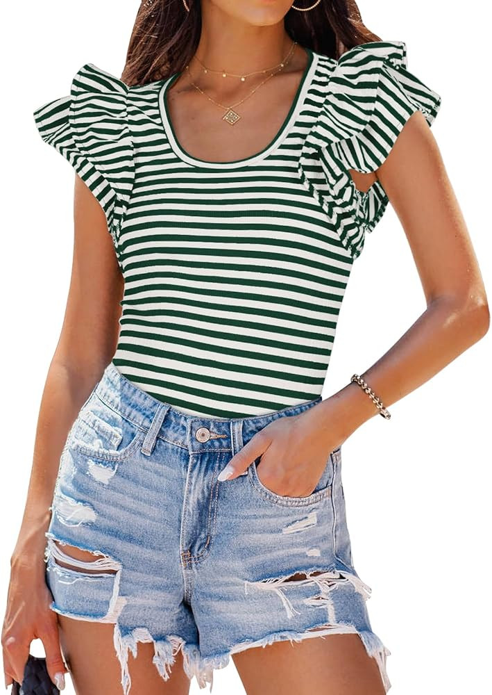 ZESICA Women's Ruffle Short Sleeve Striped T Shirts 2024 Summer Scoop Neck Slim Fitted Causal Bas... | Amazon (US)