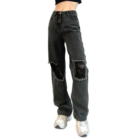 Felcia Women Loose Jeans High Waist Ragged Edge Ripped Wide Leg Denim Pants | Walmart (US)
