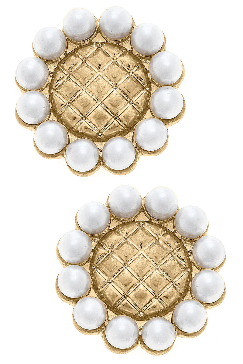 Brett Pearl & Quilted Metal Flower Stud Earrings in Worn Gold | CANVAS