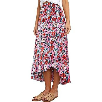 SimpleFun Women's Long Skirts Boho Floral Elastic High Waist Asymmetrical Hem Midi Skirt | Amazon (US)