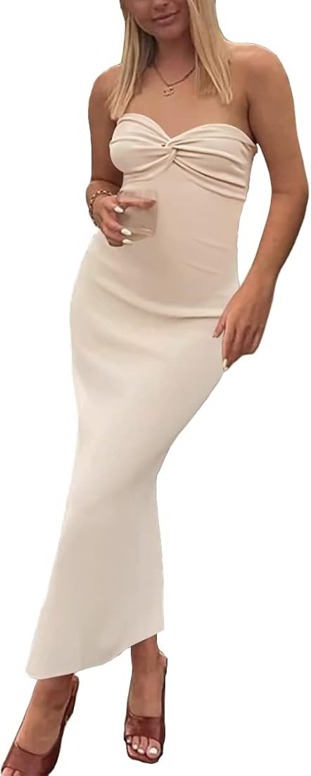 LILLUSORY Women's 2023 Summer Knitted Dresses Sexy Twisted Front Strapless Midi Bodycon Dress wit... | Amazon (US)