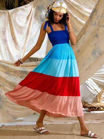 Tie Shoulder Shirred Cut And Sew Cami Dress | SHEIN