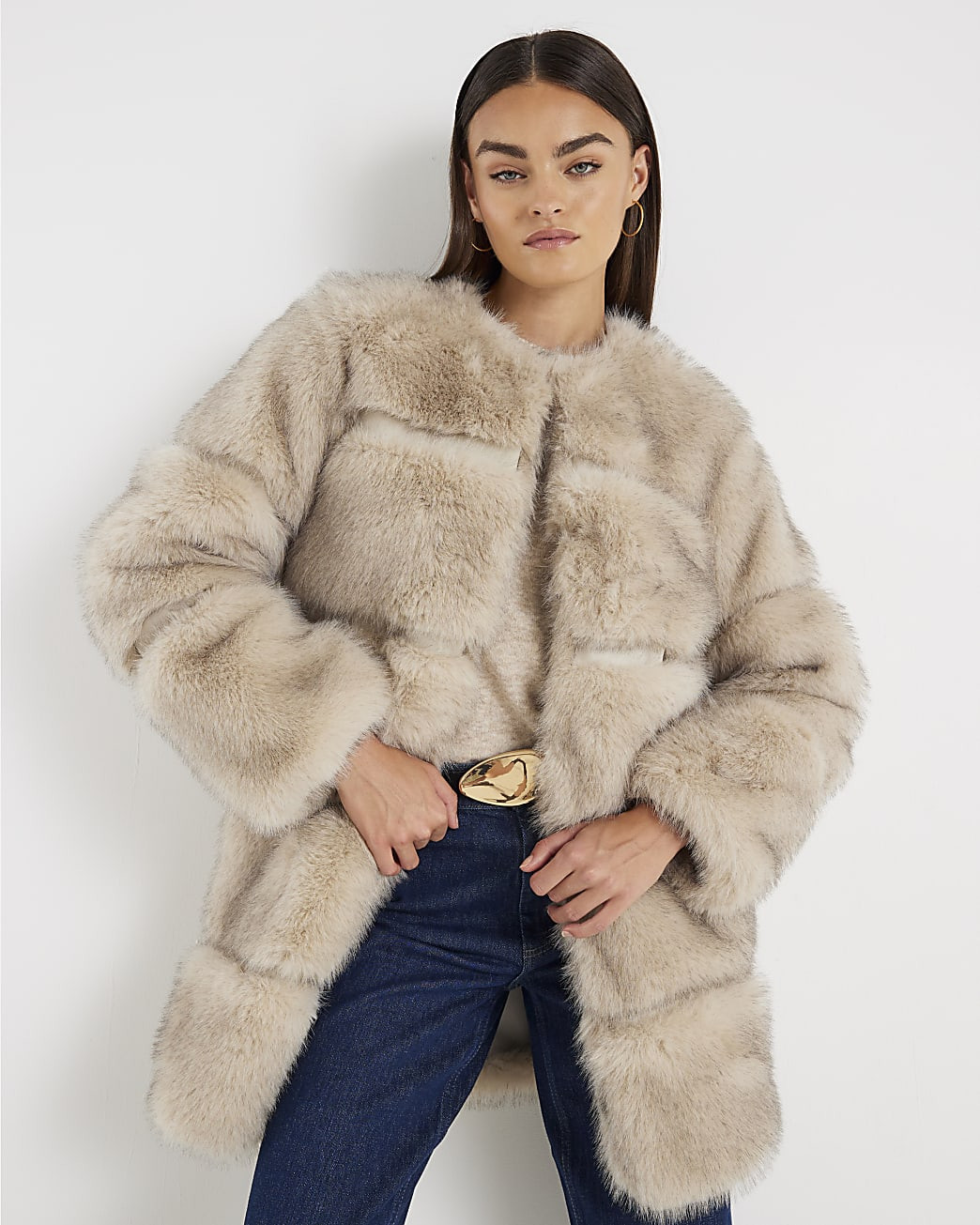 Cream Panelled Faux Fur Coat | River Island UK & IE