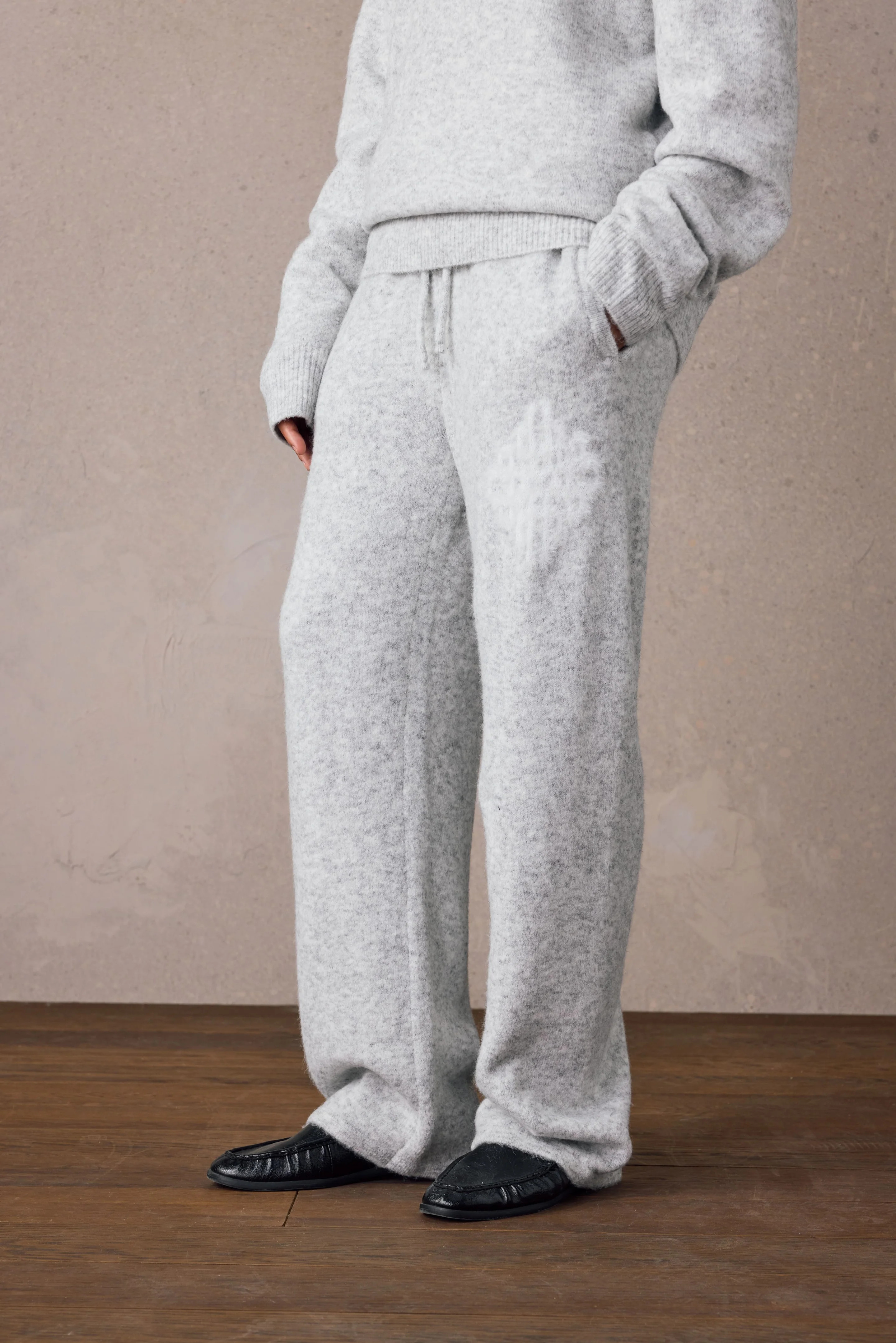 EMBLEM FLUFFY KNIT JOGGERS - GREY MARL | The Couture Club