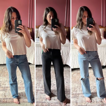 Some cute relaxed/wide leg jean options!

Wearing a 4 in the black jeans
Wearing a 6 in both blue jeans

Both blue jeans are Abercrombie high rise 90s relaxed jean! The left is the medium wash and the right is medium destroyed!

#abercrombiejeans #gapjeans #widelegjeans
