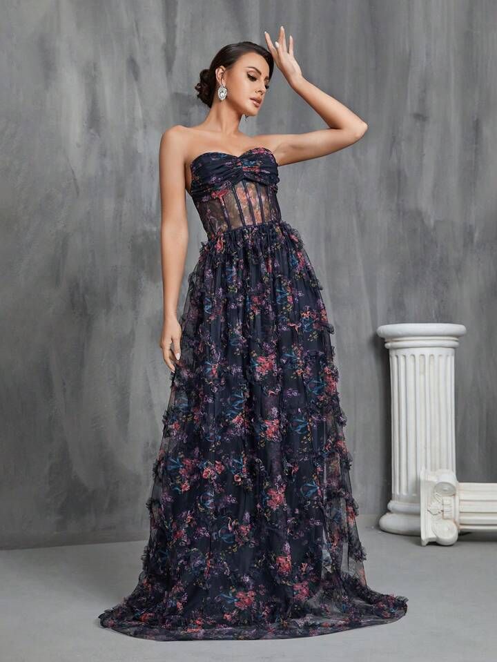 Ruched Bustier Ruffle Trim Hem Floral Print Tube Dress | SHEIN