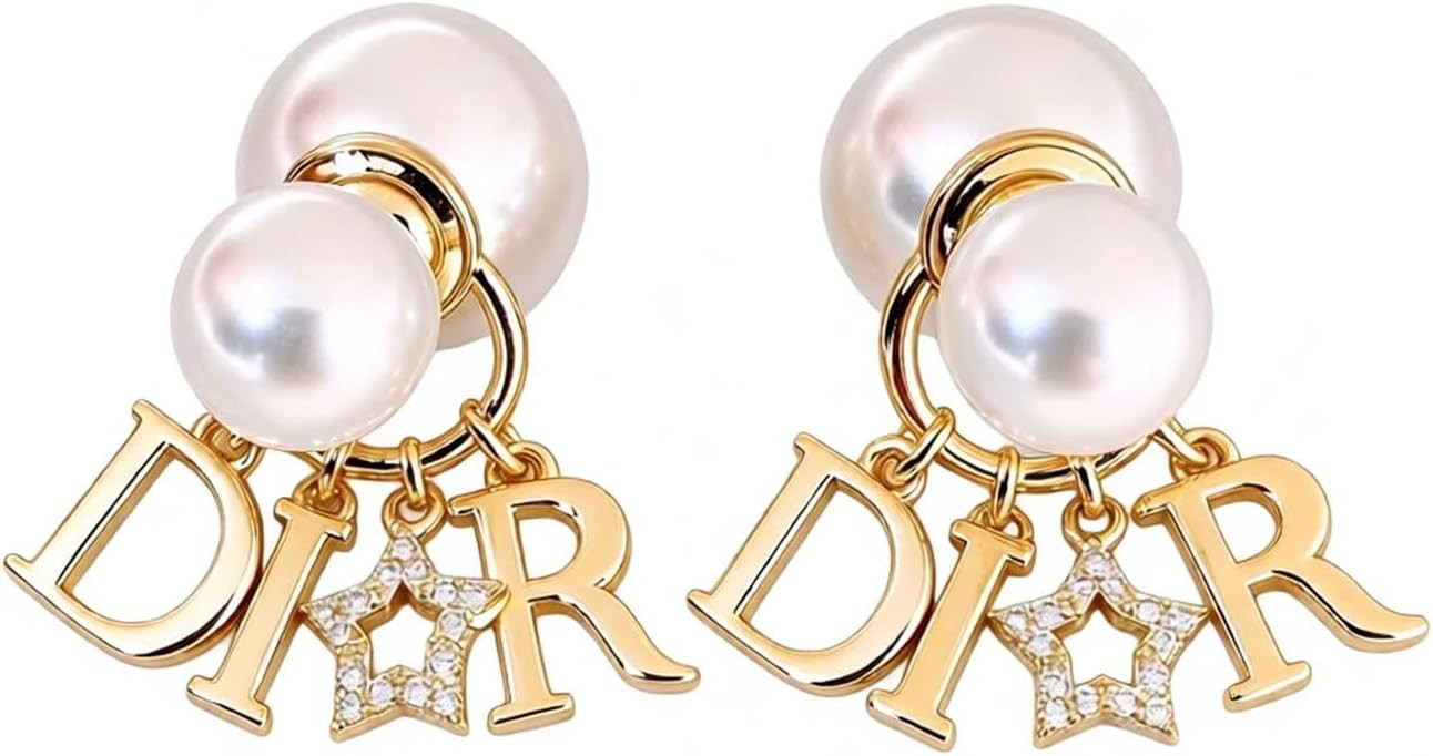 Pearl Double-Sided Drop Earrings with Gold Letter Charms | Amazon (US)