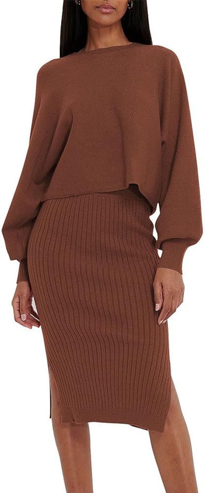 Meenew Women's 2 Piece Dress Long Sleeve Crop Sweater High Slit Ribbed Midi Bodycon Skirt Set | Amazon (US)