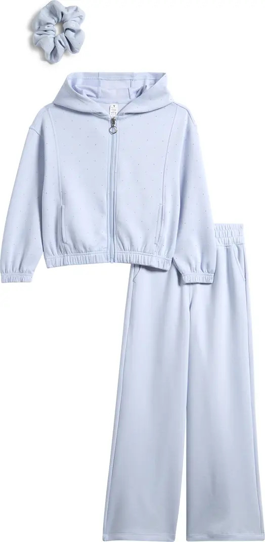 Kids' Rhinestone Zip-Up Hoodie, Flare Sweatpants & Scrunchie Set | Nordstrom Rack