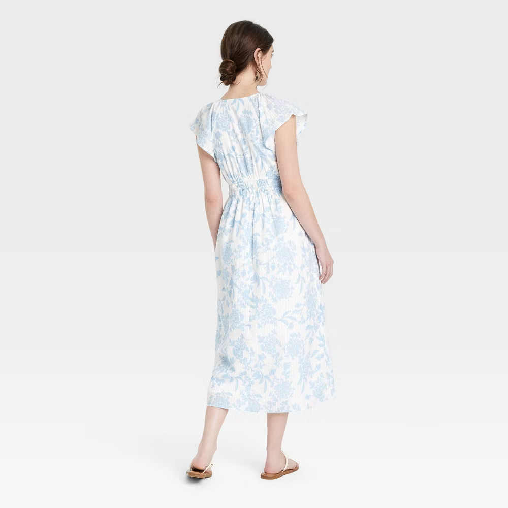 Women's Short Sleeve Smocked Midi A-Line Dress - Universal Thread™ Blue Floral L | Target