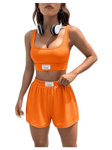 Verdusa Women's 2 Piece Solid Crop Tank Top Elastic Waist Shorts Tracksuit Sets Orange Large | Amazon (US)