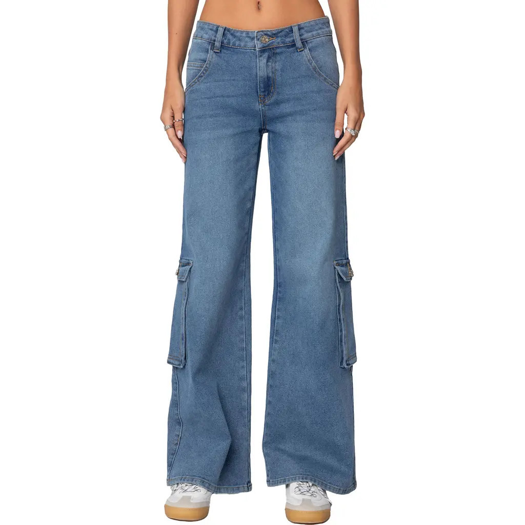 EDIKTED Lunar Low Rise Cargo Jeans in Blue-Washed at Nordstrom, Size X-Small | Nordstrom