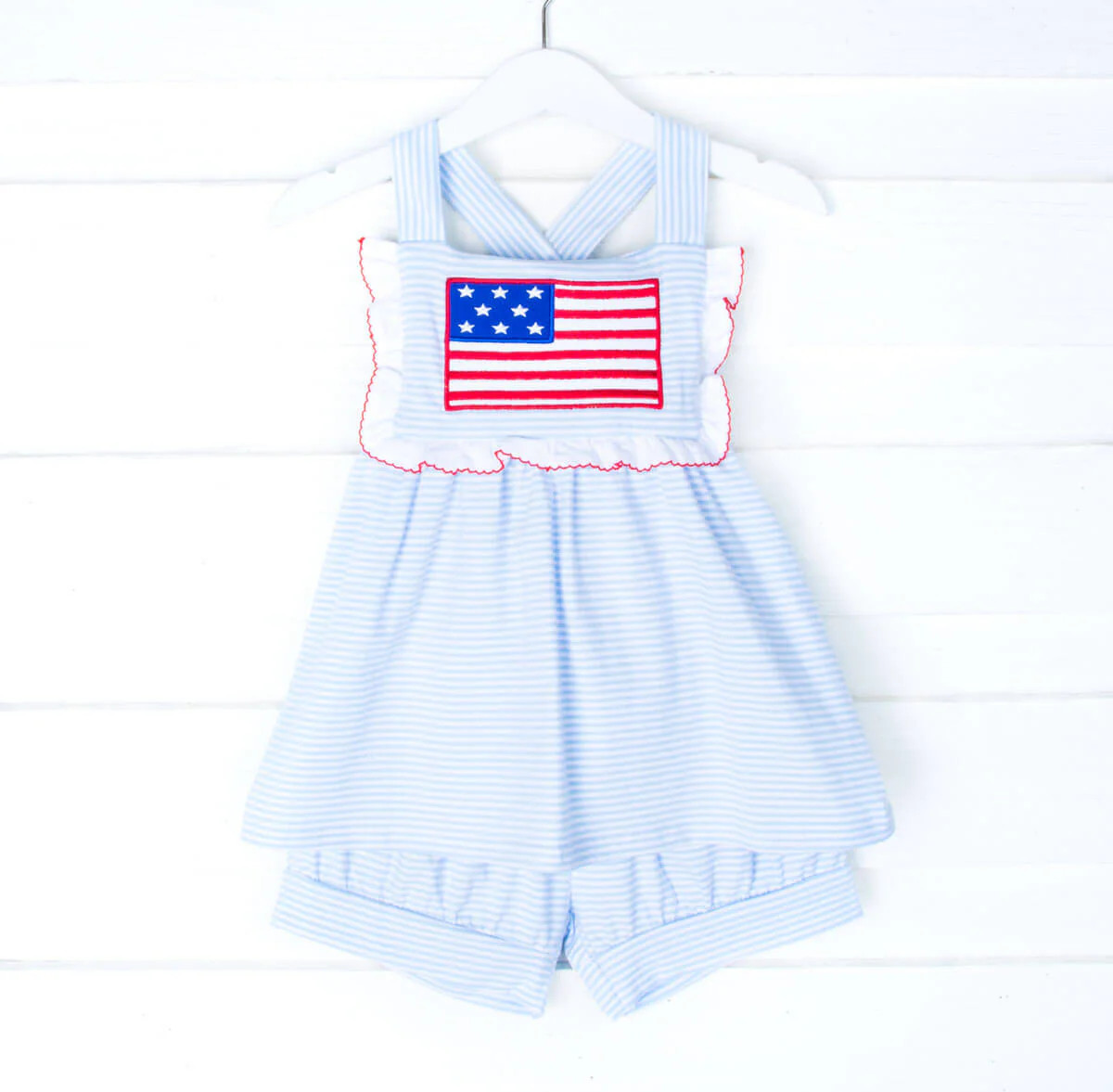 Flag Applique Light Blue Stripe Mia Short Set | Classic Whimsy