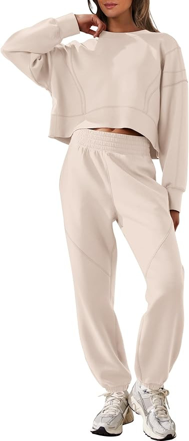 ANRABESS Womens 2 Piece Outfits Lounge Sets Cropped Sweatshirt & Joggers Fashion Sweatsuit Sweat ... | Amazon (US)