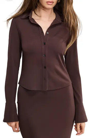Good American Flare Cuff Jersey Matte Button-Up Shirt in Bark003 at Nordstrom Rack, Size Large | Nordstrom Rack