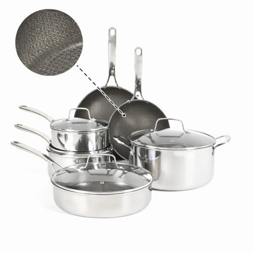Martha Stewart Badgley Hybrid Nonstick 10 Piece TriPly Stainless Steel Pots and Pans Non-Toxic Kitchen Cookware Set - Laser Etched Perfect Sear Nonstick W/Stay Cool Handle Dishwasher & Induction Safe | Amazon (US)