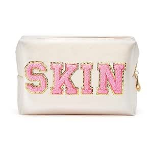 Y1tvei Preppy Patch SKIN Varsity Letter Cosmetic Toiletry Bag PU Leather Portable Makeup Bag Zipp... | Amazon (US)