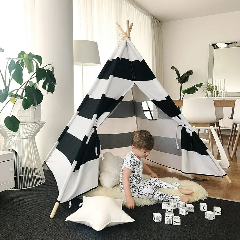 Black White Striped Kids Teepee Portable Canvas Tent Foldable Playhouse Indoor Outdoor | Walmart (US)