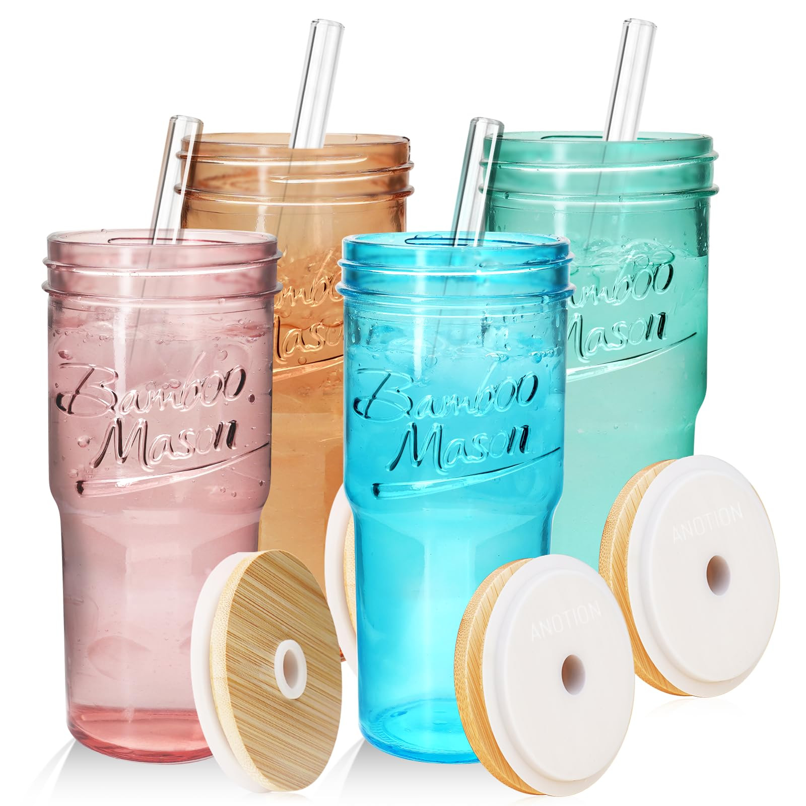 ANOTION Colored Glass Cups with Lids and Straws - 24oz Travel Coffee Mug Wide Mouth Mason Jar Ice... | Amazon (US)