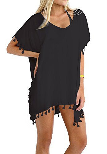 Taydey Women's Stylish Chiffon Tassel Beachwear Bikini Swimsuit Cover up Black,One Size-Free size | Amazon (US)