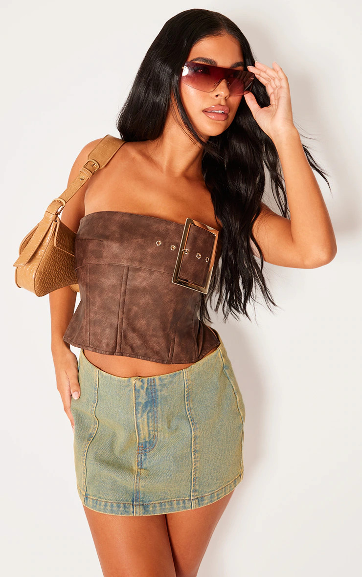 Petite Washed Brown Faux Leather Buckle Detail Corset | PrettyLittleThing US