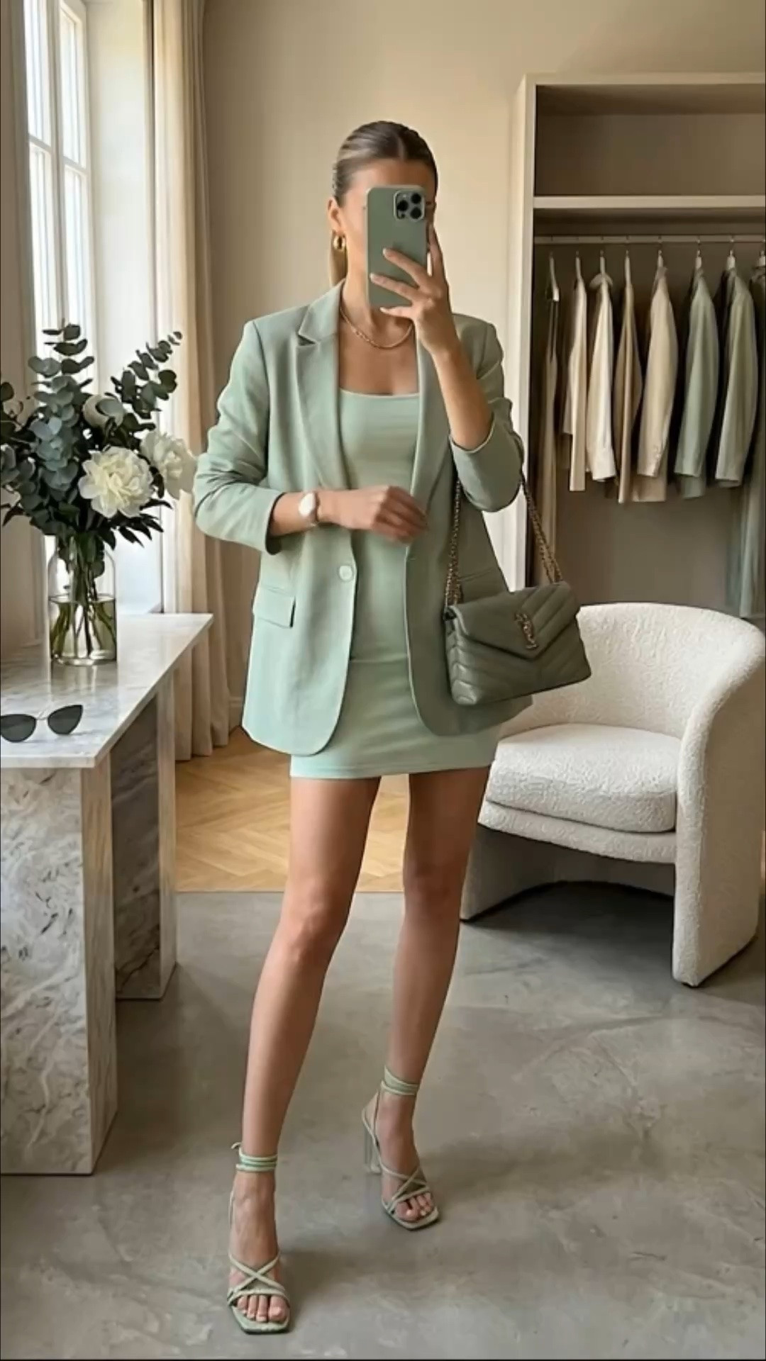 MONOCHROMATIC CHIC IN SAGE GREEN🍈 

Sage green might just be the color of the season and this look is proof🙌🏼 Blazer + mini + matching strappy heels + a classy bag in the same tone? Full monochromatic dressing done right✅ 

Monochromatic dressing is one of the easiest styling tricks to look more polished instantly — one color family, everything elevated, and an effortless but chic finish✨ 

Tap to shop every piece and save this video so you can come back when you’re ready to add some sage to your wardrobe🌿

#LTKfashion #minimal #monochrome #ootd

#LTKdatenight #LTKstyletip #LTKsummer