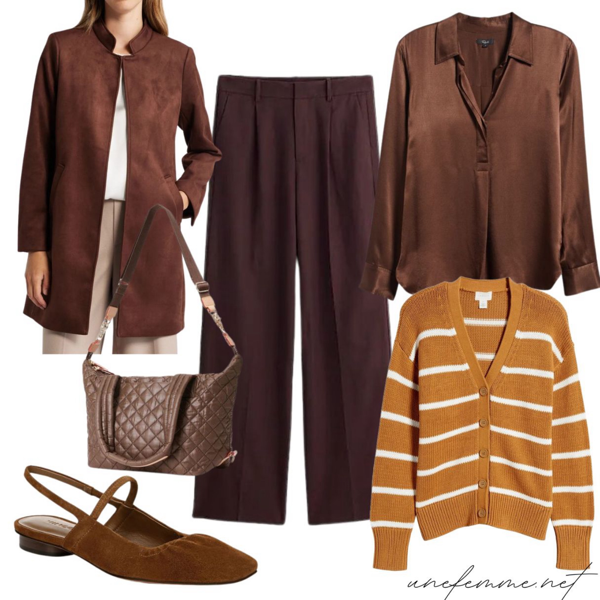 Fall fashion color trends: brown. Faux suede jacket, relaxed trousers, satin blouse, quilted bag, suede slingbacks, striped cotton cardigan  

#LTKOver40 #LTKStyleTip #LTKSeasonal