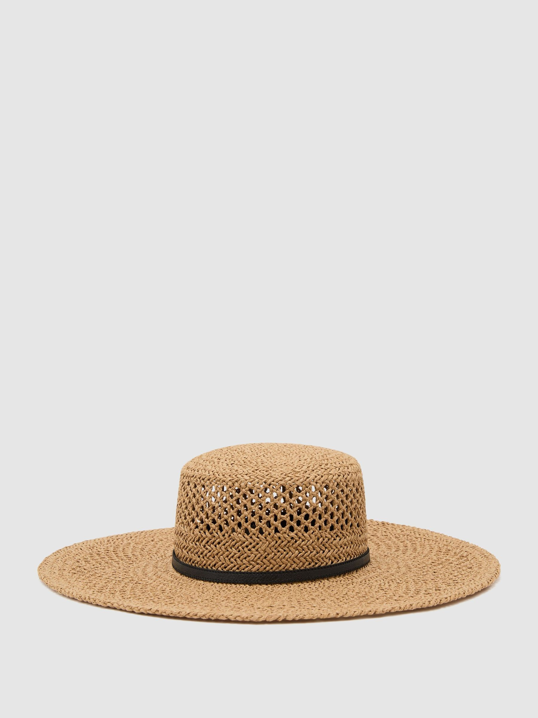 Reiss Contrast-Trim Straw-Effect Hat in Natural - REISS | Reiss UK