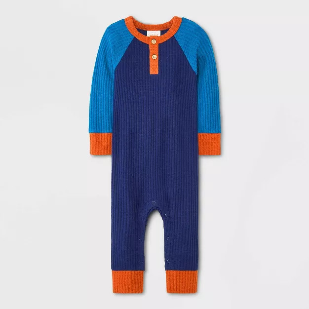 Baby Boys' Colorblock Cozy Waffle Henley Romper - Cat & Jack™ Navy Blue | Target
