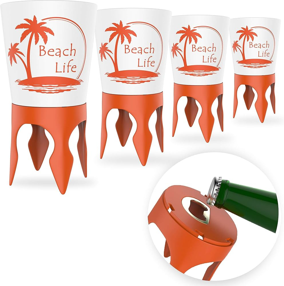 Beach Vacation Accessories, 4 Beach Cup Holders Sand w/Bottle Opener & Spikes, Beach Drink Holder... | Amazon (US)