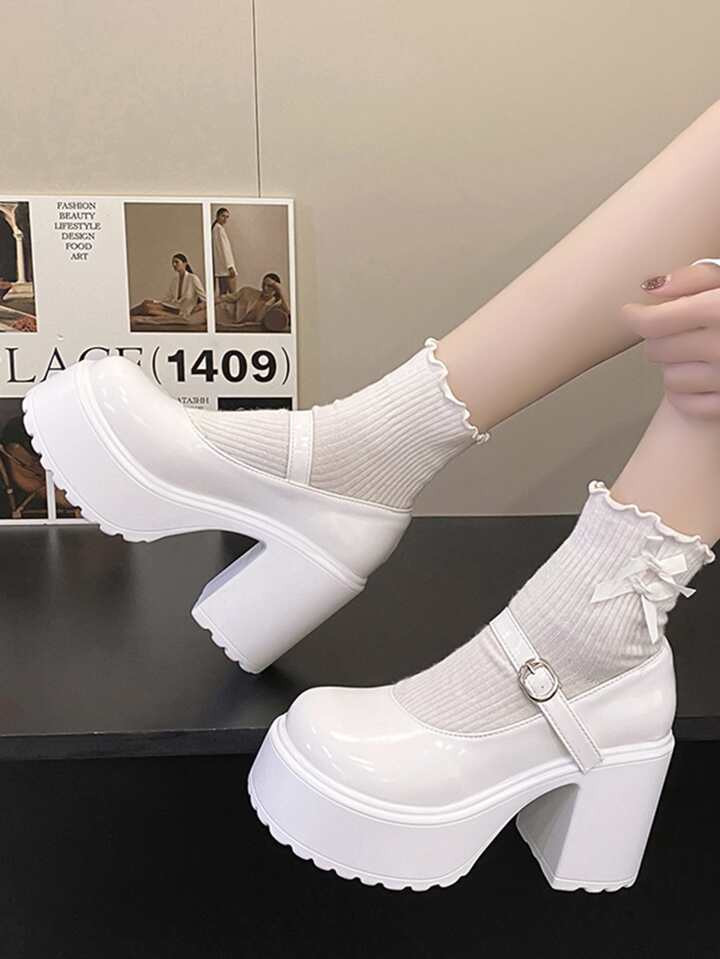Women Chunky Heeled Mary Jane Pumps, Elegant Outdoor White Pumps | SHEIN