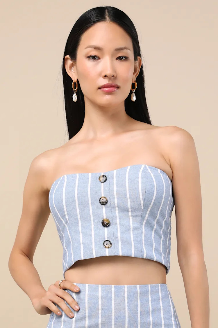Solana Blue Striped Strapless Button-Front Top | Lulus