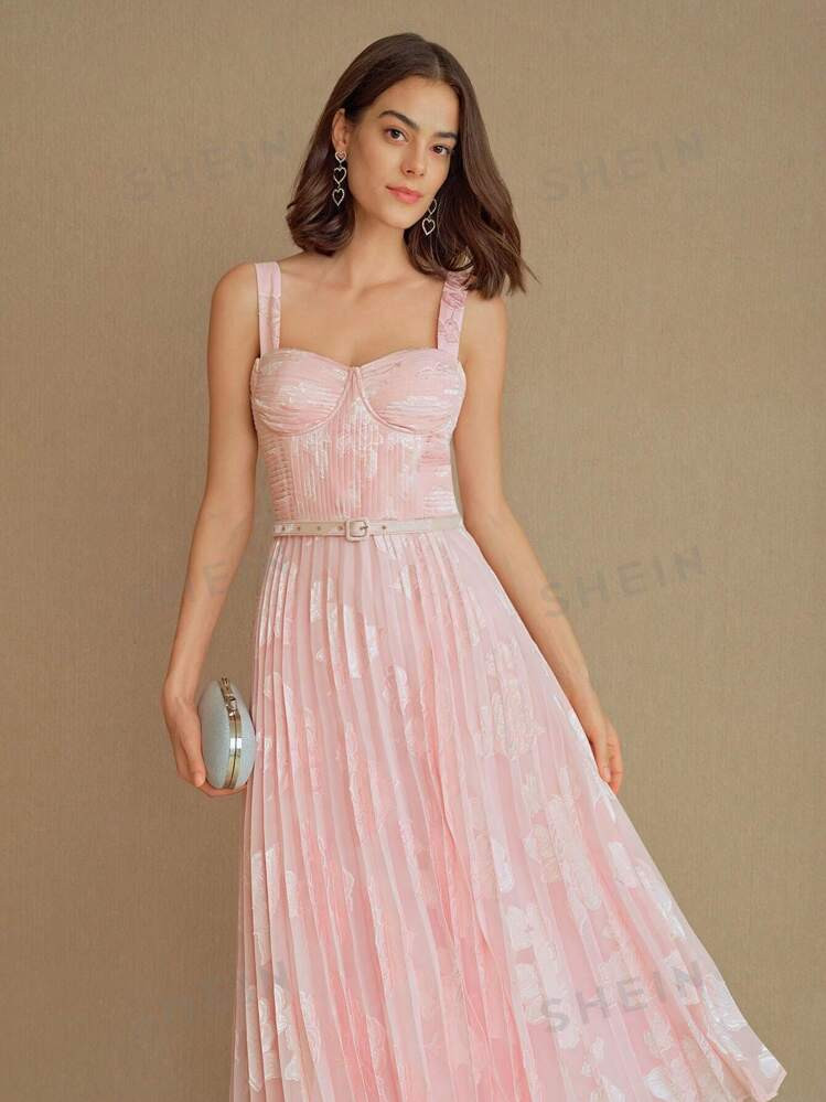 MOTF STUDIO JACQUARD BUSTIER BUST PLEATED DRESS WITH BELT | SHEIN USA | SHEIN