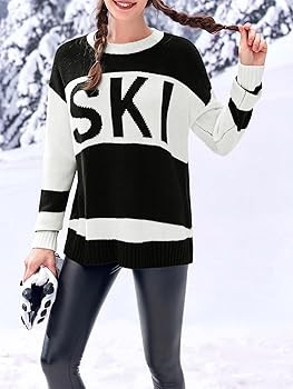 Saodimallsu Womens Color Block Oversized Sweater Ski Print Fall Trendy Crew Neck Long Sleeve Pull... | Amazon (US)