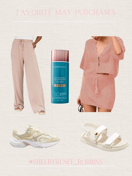 Favorite May purchases, tinted spf, summer foundation with sunscreen, Amazon swim coverup, crochet coverup, white Nike tennis shoes, chunky neutral tennis shoes, white sandals, Velcro sandals, tan lounge pants, comfy travel pants

#LTKSeasonal #LTKStyleTip #LTKTravel