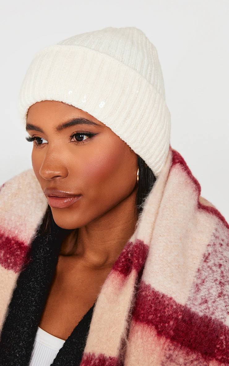 Cream Sequin Rib Beanie | PrettyLittleThing US