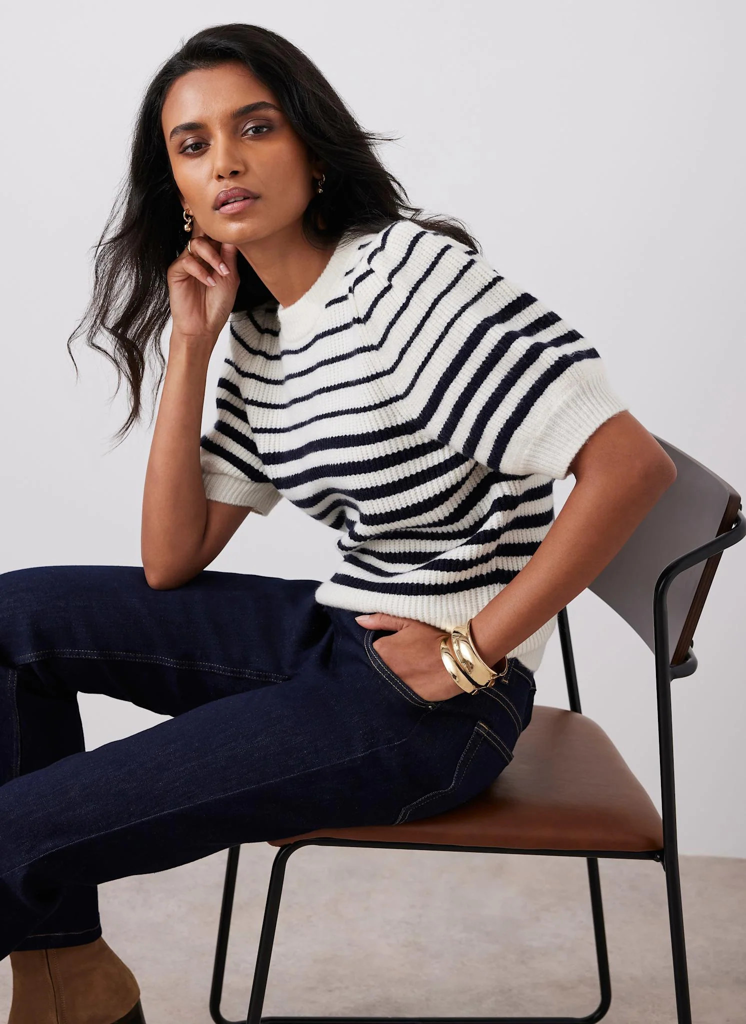 Navy Striped Puff Sleeve Knit Top | Mint Velvet