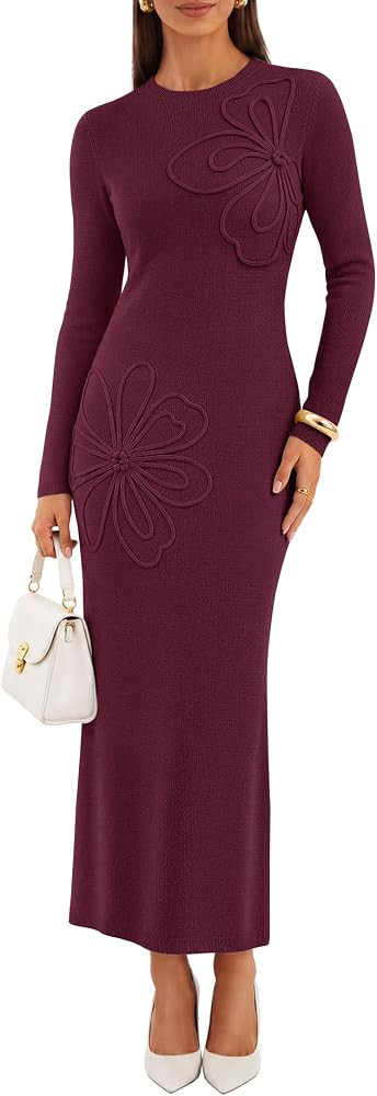 ZESICA Womens Fall Long Sleeve Bodycon Floral Knit Maxi Sweater Dress | Amazon (US)