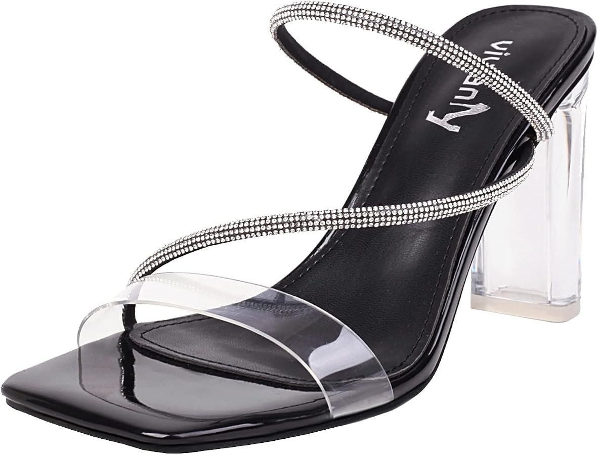 vivianly Womens Square Toe Clear Rhinestone Strappy Heeled Sandals Transparent Block High Heels S... | Amazon (US)