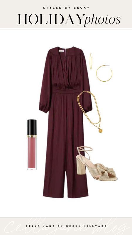 Holiday photo outfit inspiration! Burgundy jumpsuit, gold heeled sandals, gold accessories  

#LTKstyletip