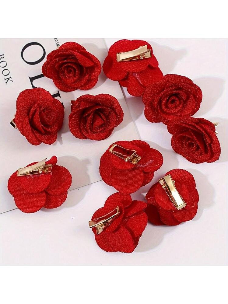 10pcs Romantic Red Fabric Rose Hair Clips, Party Hair Accessories For Wedding, Valentine's Day | SHEIN