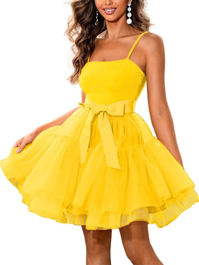 Kaei&Shi Poofy Short Tulle Dress,Spaghetti Strap Semi Formal Dresses for Women,Elegant Birthday O... | Amazon (US)