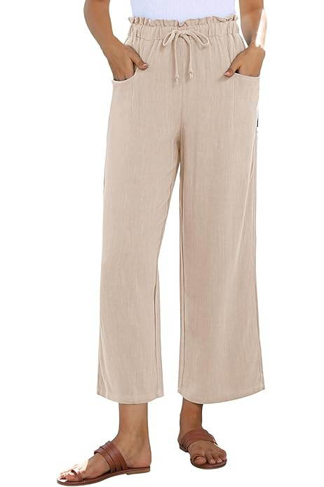 UEU Women's Linen Pants Summer Wide Leg Casual Loose High Waist Drawstring Capri Palazzo Pants Tr... | Amazon (US)