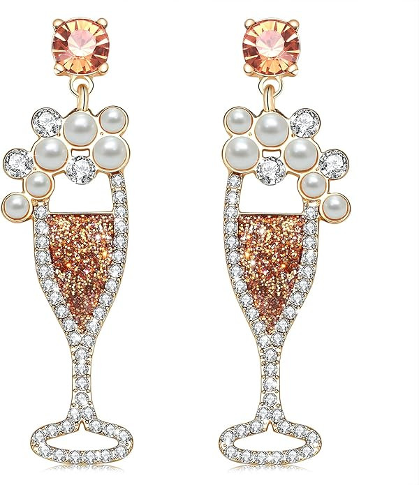 Champagne Wine Glass Earrings for Women Glitter Rhinestone Champagne Flute Earrings Pearl Beaded ... | Amazon (US)