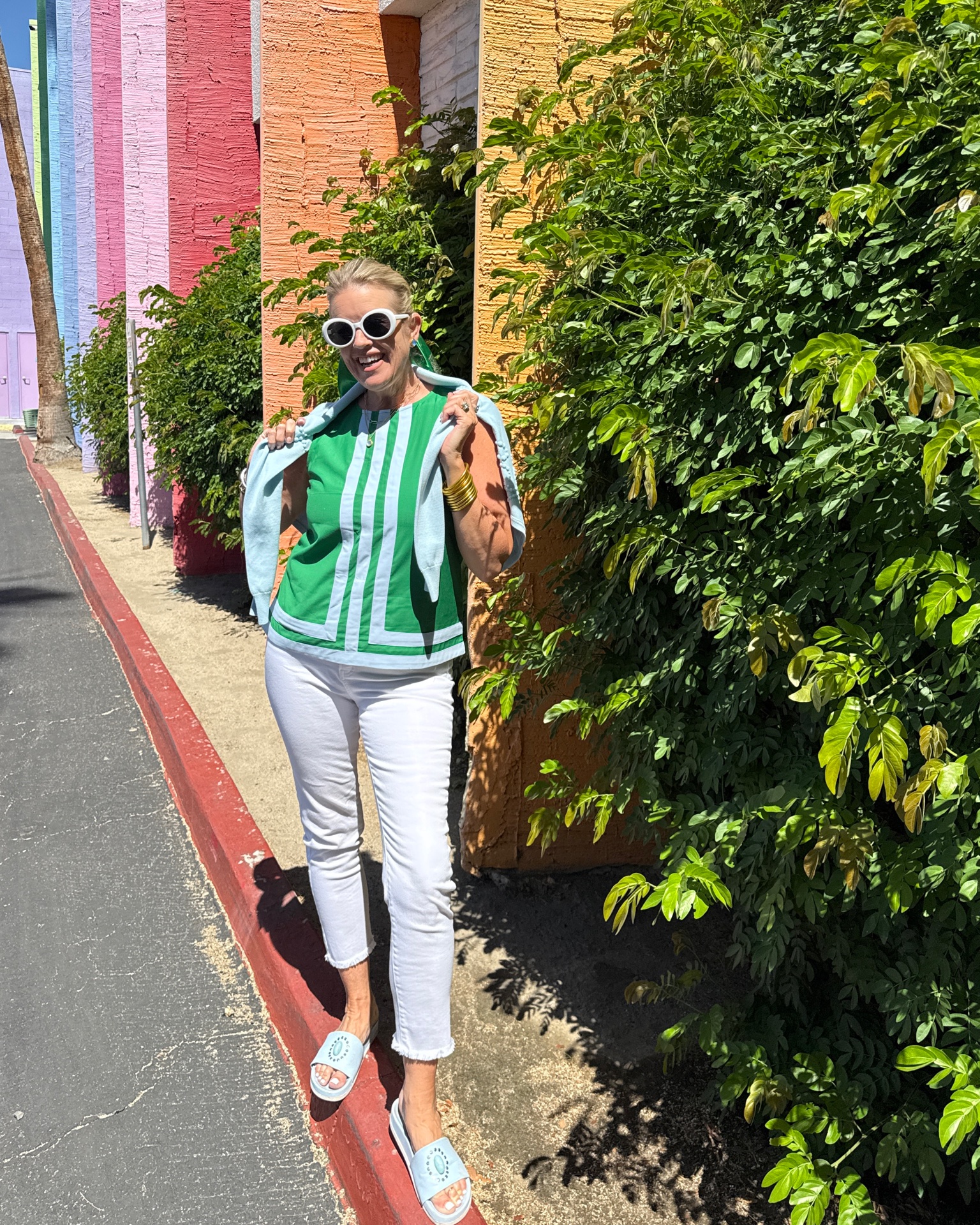 Palm Spring Outfit

A Turkernuck vibe without the price tag✔️ I love this sixties palm beach vibe

Color block tank top, comes in several color ways fits tts I am in a med

White skinny straight jeans with raw hem, above ankle fit tts I am in a 4 

Sweater over my shoulders is older from Chicos linked similar to achieve look

Madison Masion slides comfy and easy to wear a splurge I’ll link similar as well

White retro sunnies 

Gold hoops 

Green scarf in hair

#LTKgrwm #LTKootd #LTKTravel