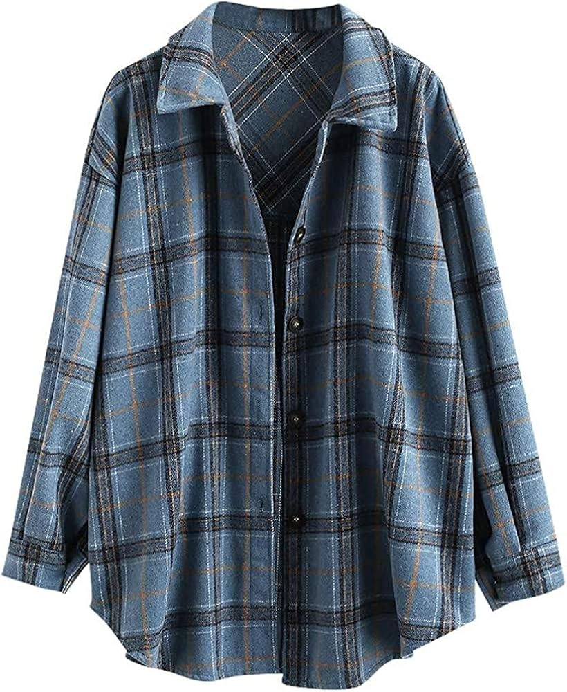 ZAFUL Women's Plaid Long Sleeve Shirt Button Down Thin Jacket Casual Flannel Plaid Shacket with P... | Amazon (US)