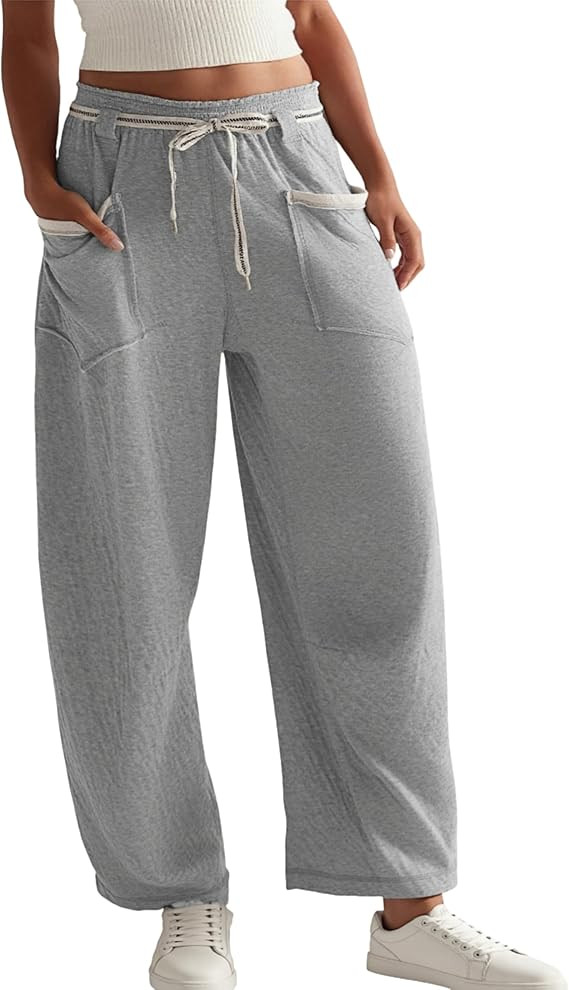 Womens Baggy Barrel Pants Wide Leg Elastic-Wasited Cotton Loose Palazzo Lounge Sweatpants with Po... | Amazon (US)
