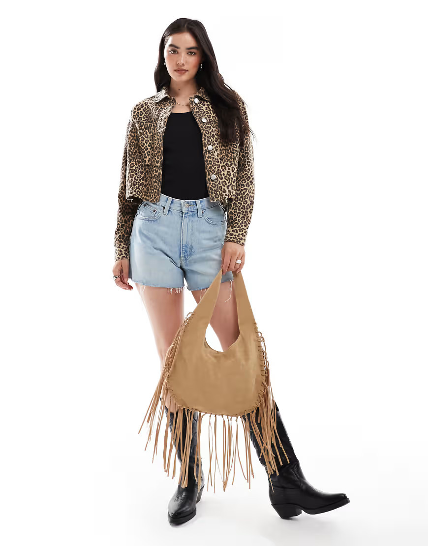 ONLY cropped denim jacket in leopard print-Brown | ASOS (Global)